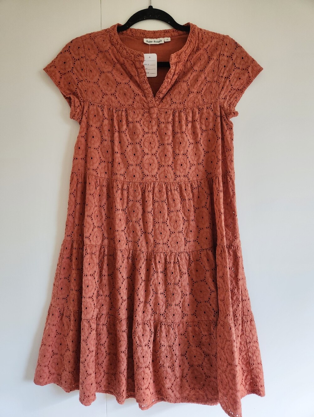 Roller Rabbit Eyelet Tiered Midi Dress Rust Terracotta 100% Cotton XS
